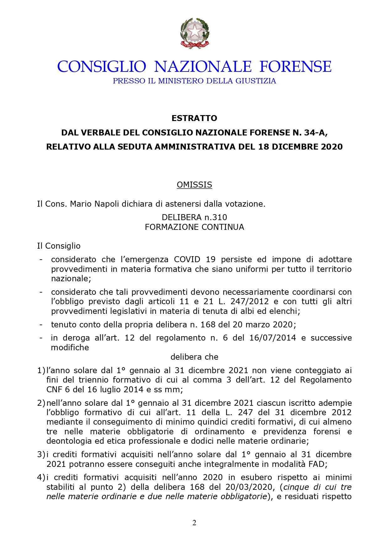 PROVVEDIMENTI IN MATERIA DI FORMAZIONE CONTINUA PER L'ANNO 2021