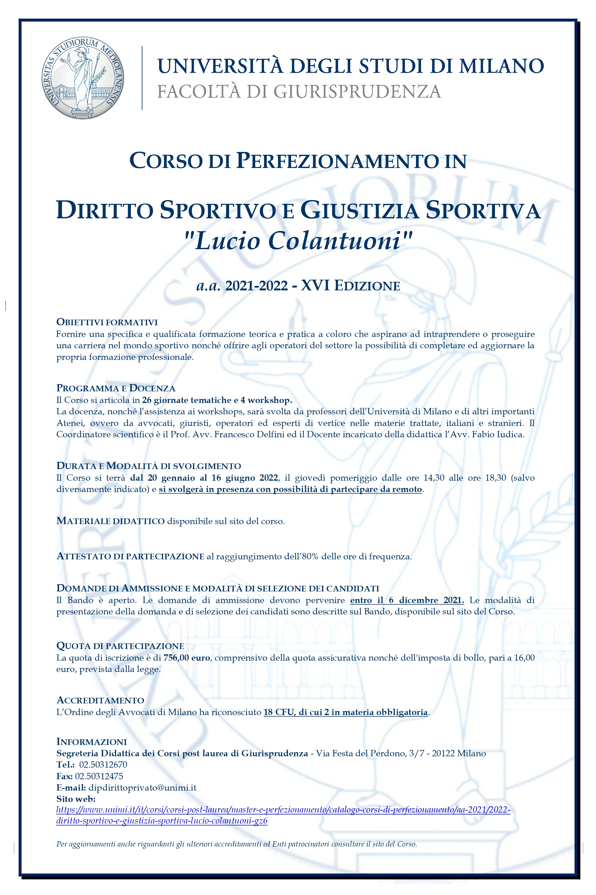 CORSO DI PERFEZIONAMENTO IN DIRITTO SPORTIVO E GIUSTIZIA SPORTIVA "Lucio Colantuoni"