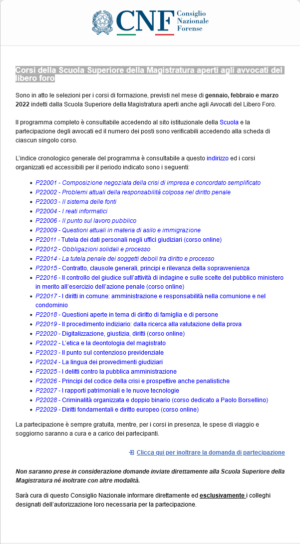 Corsi della Scuola Superiore della Magistratura aperti agli avvocati del libero foro - GENNAIO, FEBBRAIO, MARZO 2022