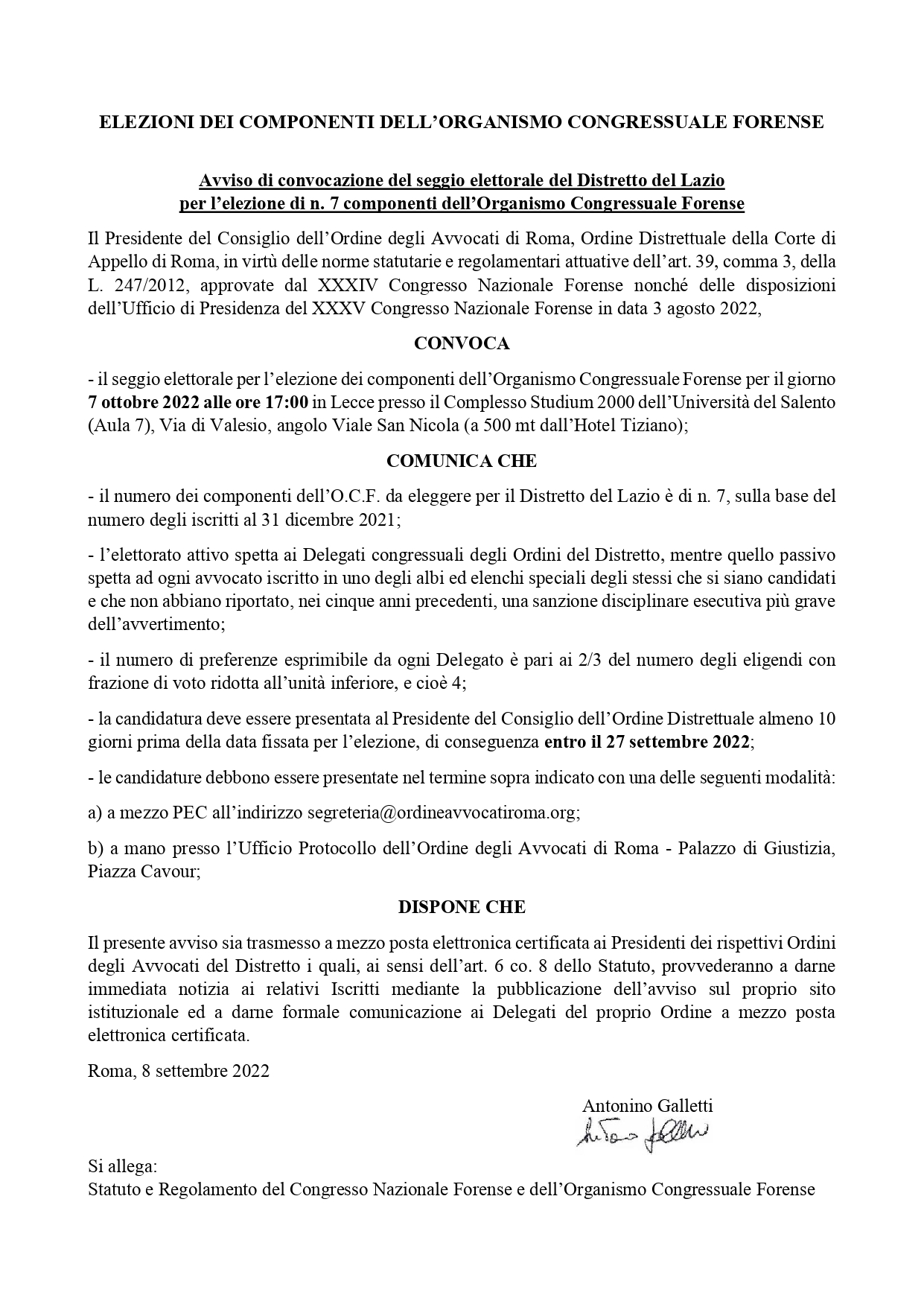 Avviso di convocazione del seggio elettorale del Distretto del Lazio per l’elezione di n. 7 componenti dell’Organismo Congressuale Forense