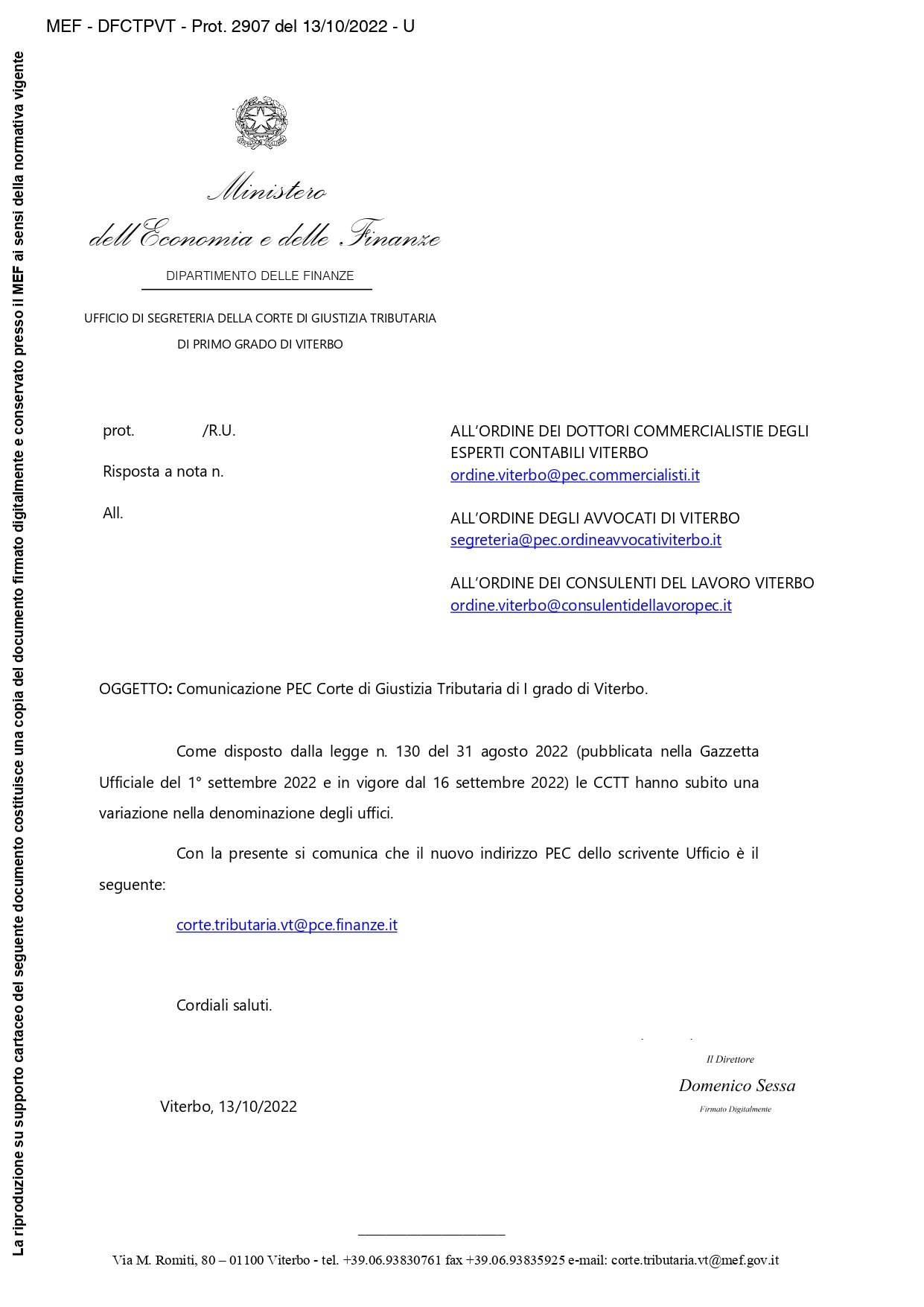 Comunicazione nuova PEC Corte di Giustizia Tributaria di I grado di Viterbo