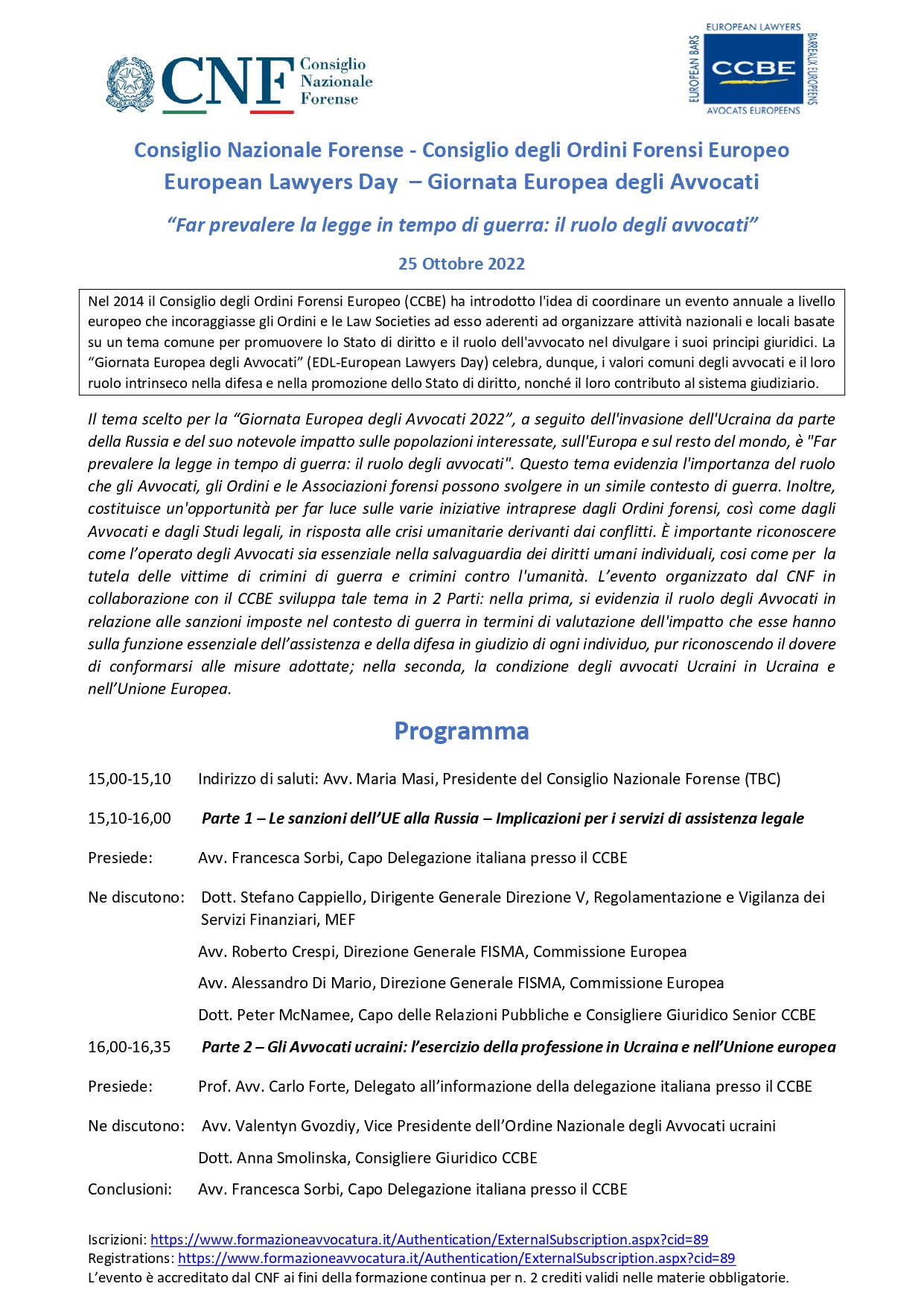 European Lawyers Day – Giornata Europea degli Avvocati “Far prevalere la legge in tempo di guerra: il ruolo degli avvocati”