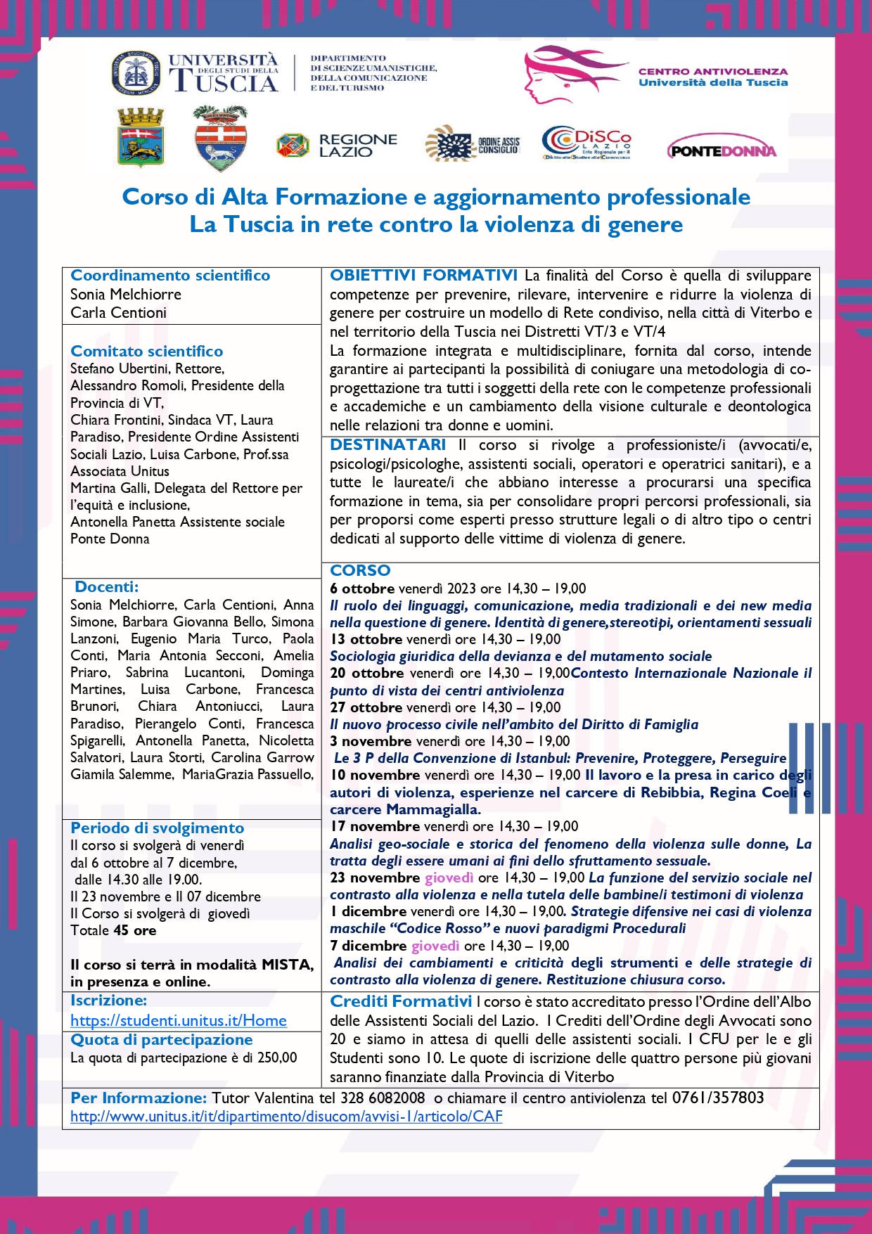 Corso di alta formazione e aggiornamento professionale La Tuscia in rete contro la violenza di genere