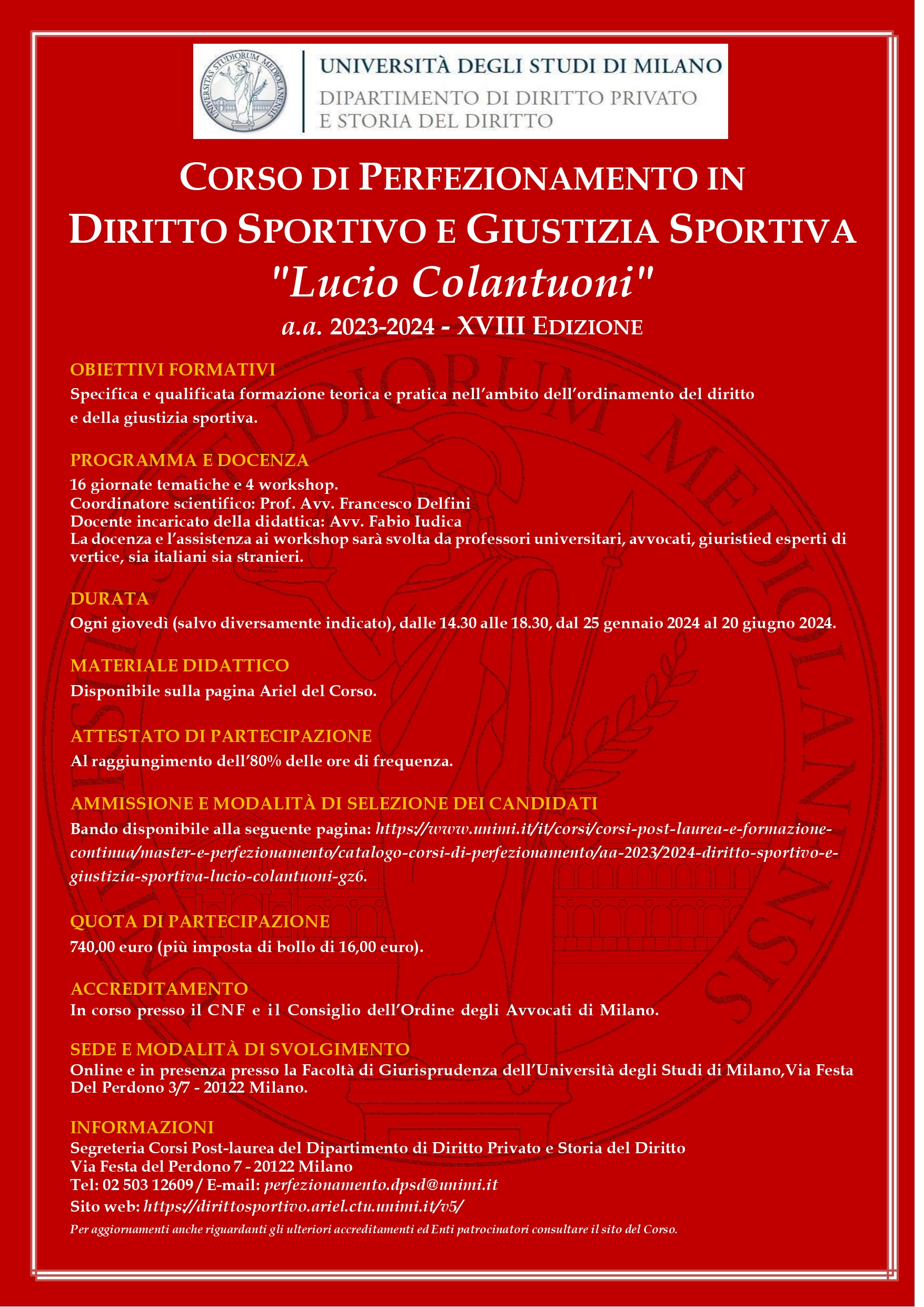 Richiesta per la concessione del gratuito patrocinio per il CdP in Diritto Sportivo e Giustizia Sportiva Lucio Colantuoni 